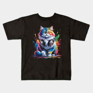 Splash Art Headphones British Longhair Cat Highland Straight Kids T-Shirt